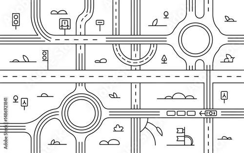 Abstract black and white vector illustration of a complex road network with roundabouts and traffic signals