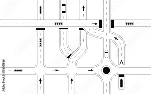 Complex urban road network schematic illustration of roads, intersections, and traffic features in simple black and white design