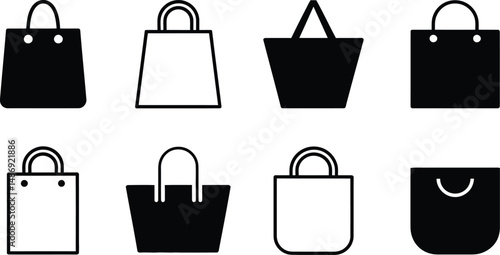 Diverse vector icon set depicting shopping bags in various simple and minimalist designs