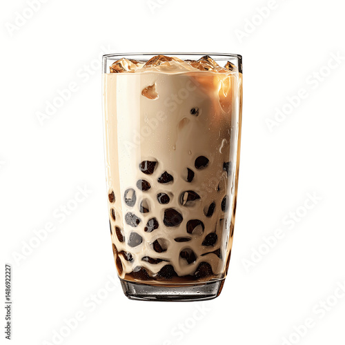 Refreshing Iced Boba Tea in Tall Glass with Ice