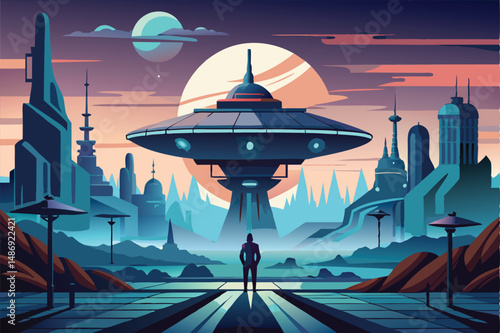 Futuristic Spaceship Silhouetted Against an Ethereal Spa Oasis