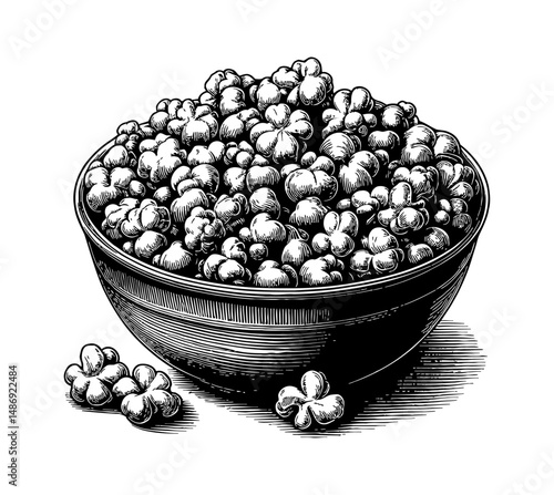 Engraving Style Bowl of Popcorn Illustration on Isolated White Background.