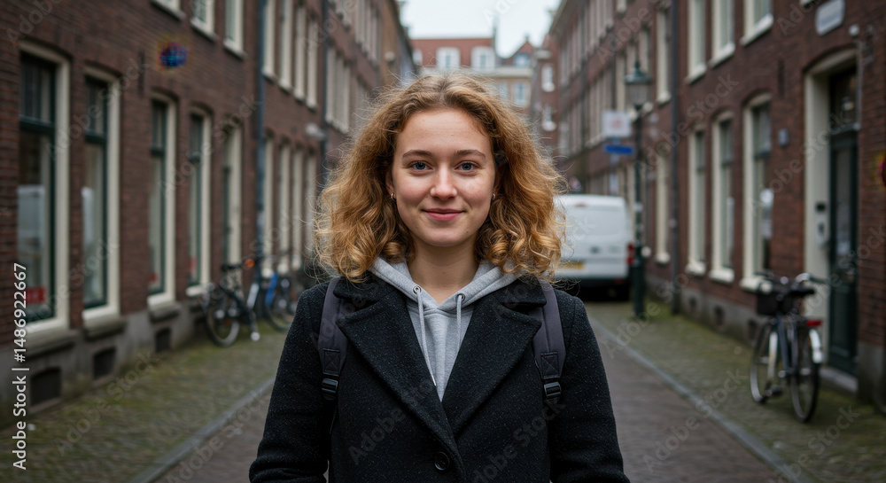 Fototapeta premium Portrait of a Smiling Woman on Brick Street | Urban Scene, Travel Photography, Curly Hair, Europe