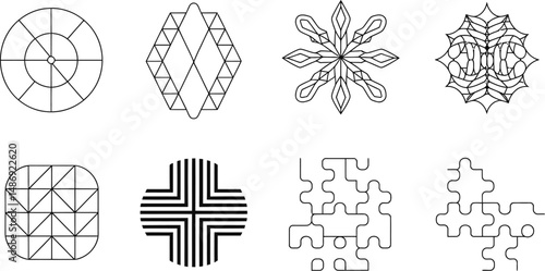 Collection of geometric shapes and patterns featuring radial symmetry in clean black and white design.