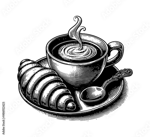 Elegant Engraved Illustration of Coffee Cup with Steam, Croissant, and Spoon on Plate