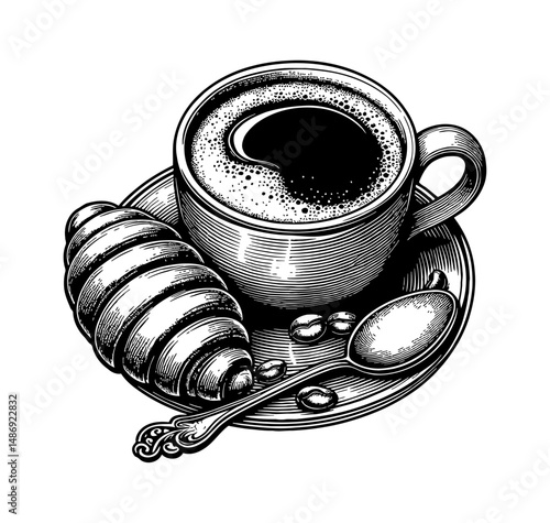 Engraved Coffee Cup with Croissant, Spoon and Coffee Beans on a Saucer in Black and White