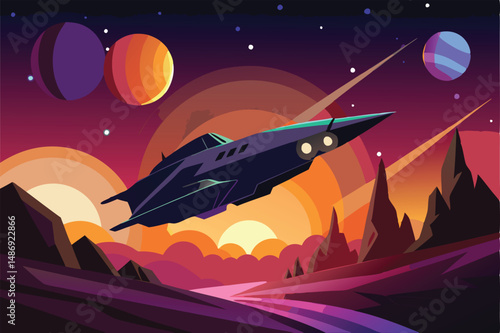 Silhouette of Spaceship Blazing Through a Glowing Nebula