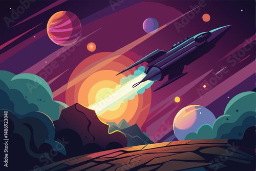 Spaceship Zooming Past Blazing Nebula in a Cosmic Symphony