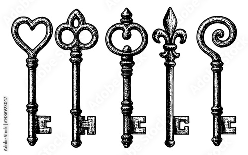 Set of Antique Keys in Decorative Style with Heart, Fleur De Lis, and Swirl Top Vector
