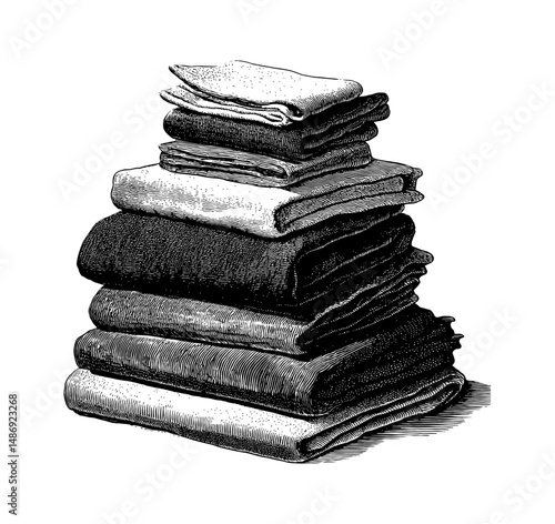Stack of Folded Towels in Detailed Black and White Engraving Style with Cross Hatching
