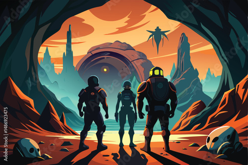 Silhouette of Explorers in Spacesuits Uncovering Unknown Worlds