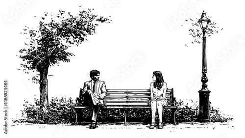 Couple Sitting on a Park Bench in Black and White Illustration Style with Relaxed Mood