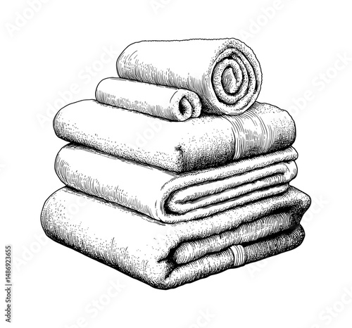 Stack of Folded and Rolled Towels Illustration in Detailed Black and White Engraving Style
