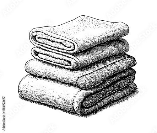 Stack of Folded Towels in Detailed Hand Drawn Engraving Style Black and White on White Background