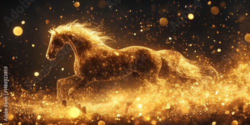 Golden horse galloping through a glittering field.