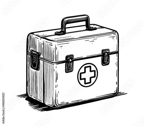 First aid kit illustration with medical cross in vintage engraved style. Medical supplies case.