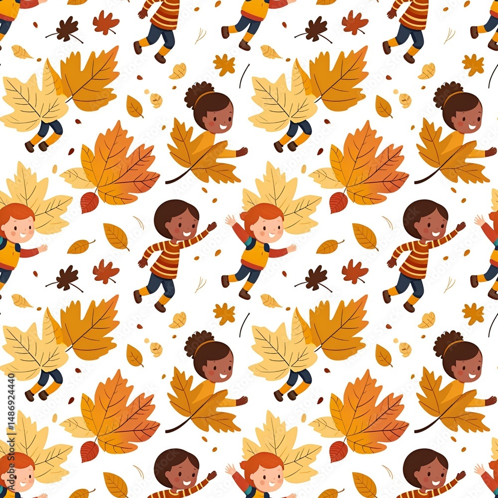 Obraz premium illustrated children playing in autumn leaves
