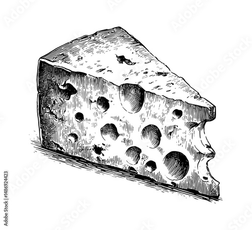 Detailed Black and White Engraving of a Slice of Swiss Cheese with Holes