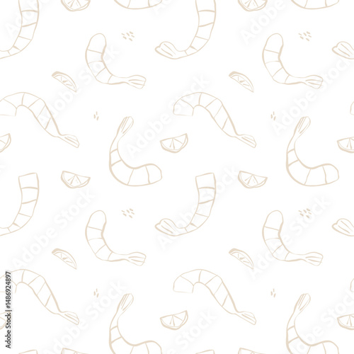 Seamless pattern of beige shrimps and lemons on white background hand-drawn in one line with no shadows and organic feel