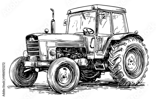 Detailed Black and White Ink Drawing of an Old Tractor with Visible Engine Parts
