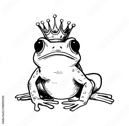 Illustration of a frog with a crown in black and white engraving style. Cute amphibian