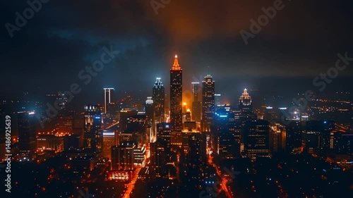 realistic aerial view of downtown Atlanta at night