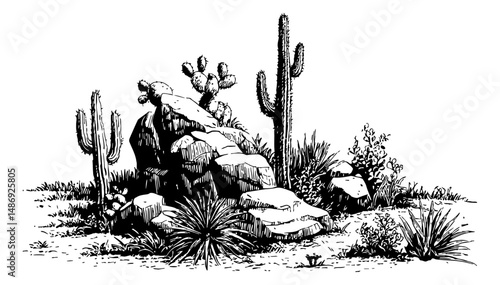 Desert Landscape with Cacti and Rocks in Black and White Detailed Line Art Drawing