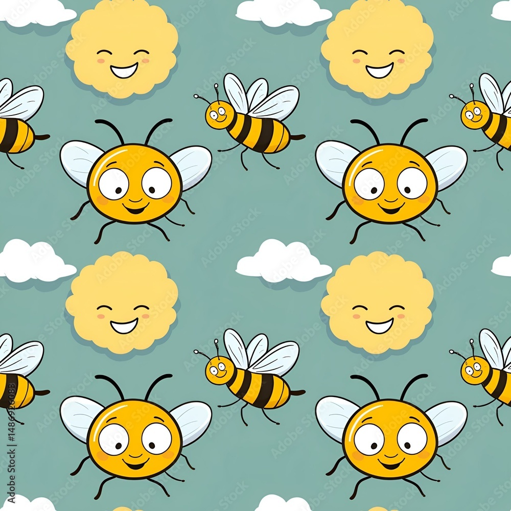 Fototapeta premium illustrated bees with smiling faces flying around