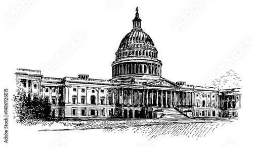 Detailed Line Art Drawing of the US Capitol Building in Washington DC