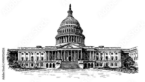 Detailed Black and White Engraving Style Illustration of the US Capitol Building