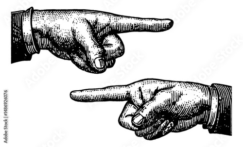 Two Hands Pointing Right in Detailed Engraving Style Vintage Vector Art Black and White Illustration
