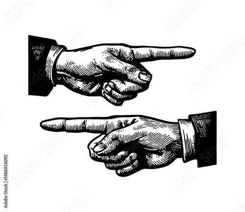 Engraved Hand with Index Finger Pointing Sideways for Direction and Navigation in Black and White