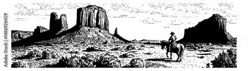 Cowboy riding horse through Monument Valley in detailed black and white drawing
