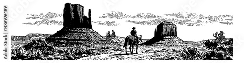 Person on Horseback in Monument Valley Engraved Black and White Landscape Illustration