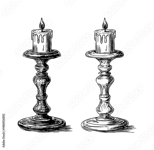 Two candles burning on ornate candlesticks in black and white engraved drawing style