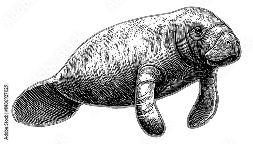 Detailed Engraving of a Manatee Swimming Underwater in Black and White Style
