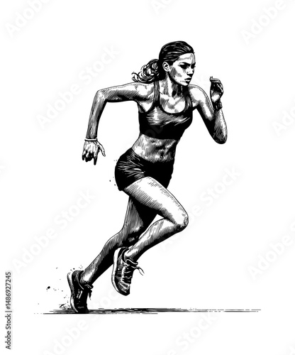 Determined athletic woman running forward in black and white engraving style illustration