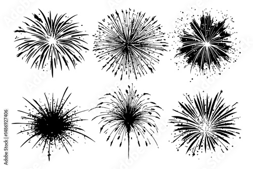 Vector set of firework explosions with different shapes in black and white