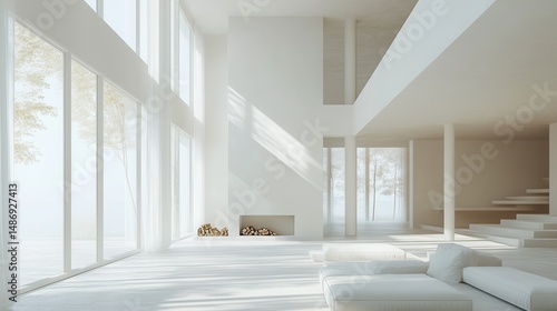 Bright White Minimalist Interior Design Spacious Open Plan Living Room with Large Windows and Sunlight