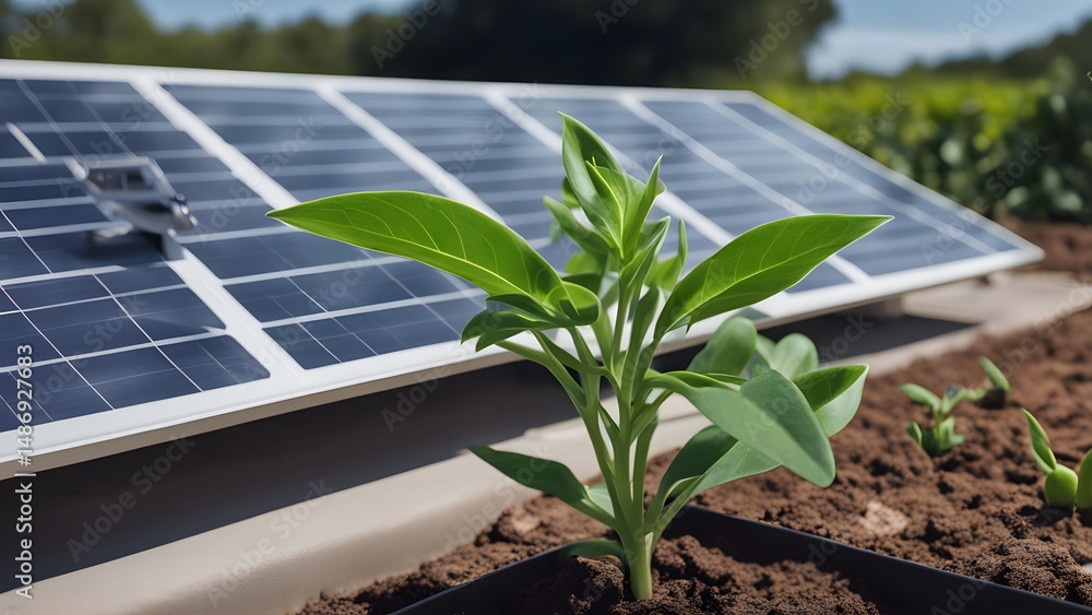 Fototapeta premium A close-up of a plant with a solar panel in the background generative AI