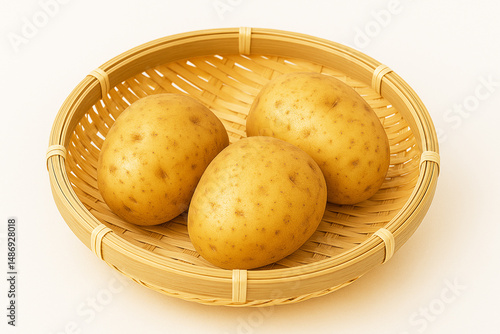 かごに盛られたジャガイモ3個の静物写真