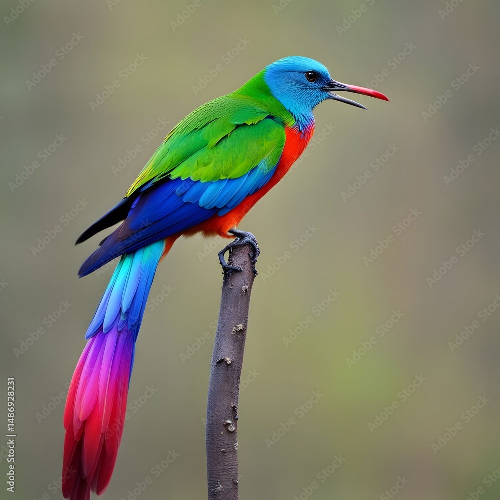 Fototapeta premium A colorful bird with a colorful tail on it