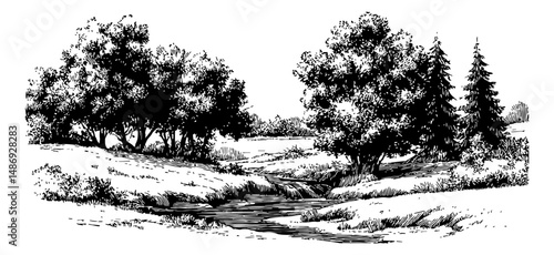 Serene Black and White Sketch of Stream Flowing Through a Forest Glade with Trees
