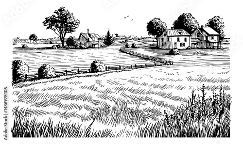 Hand Drawn Ink Illustration of a Rural Scene with Farmhouses, Trees, Fence and Field