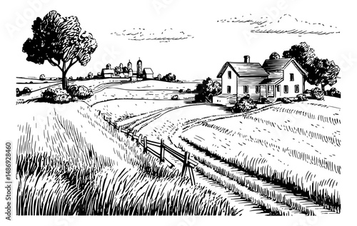 Black and white farm landscape with house, field and trees engraving style