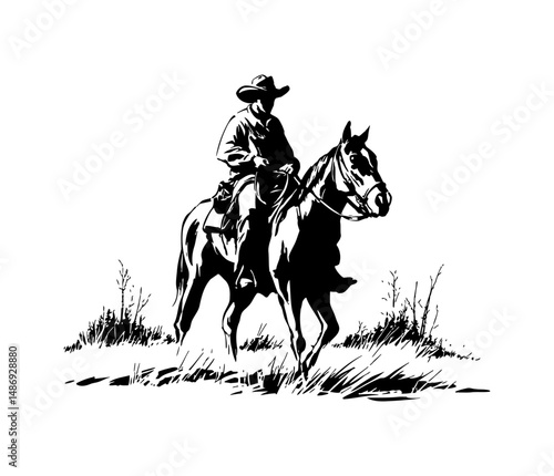 Cowboy riding horse in black and white vector illustration graphic design