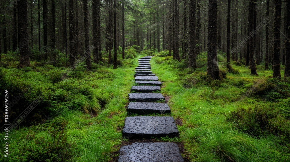 Obraz premium A stone path winds through a lush, mossy forest, disappearing into the misty distance
