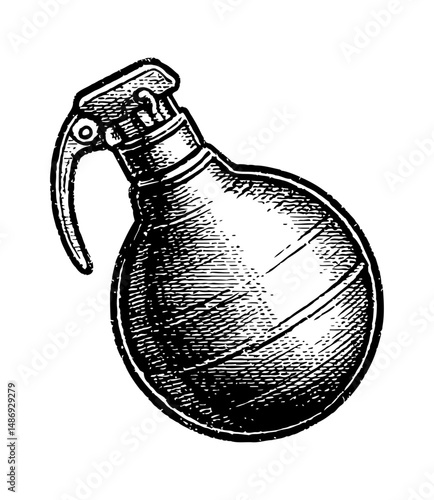 Detailed Black and White Engraving of a Hand Grenade with Hatching and Shading
