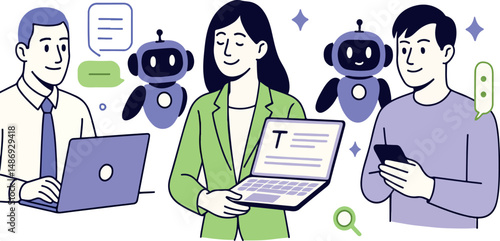 AI technology set. Characters using artificial intelligence generative tools for business tasks, content creation, marketing, automation. Vector illustrationS