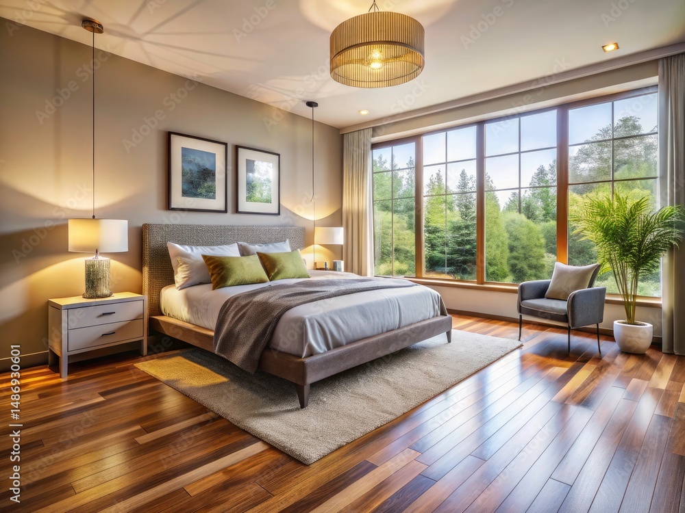 Fototapeta premium Modern Neutral Bedroom Virtual Staging: Vacant Hardwood Floor Room Photography